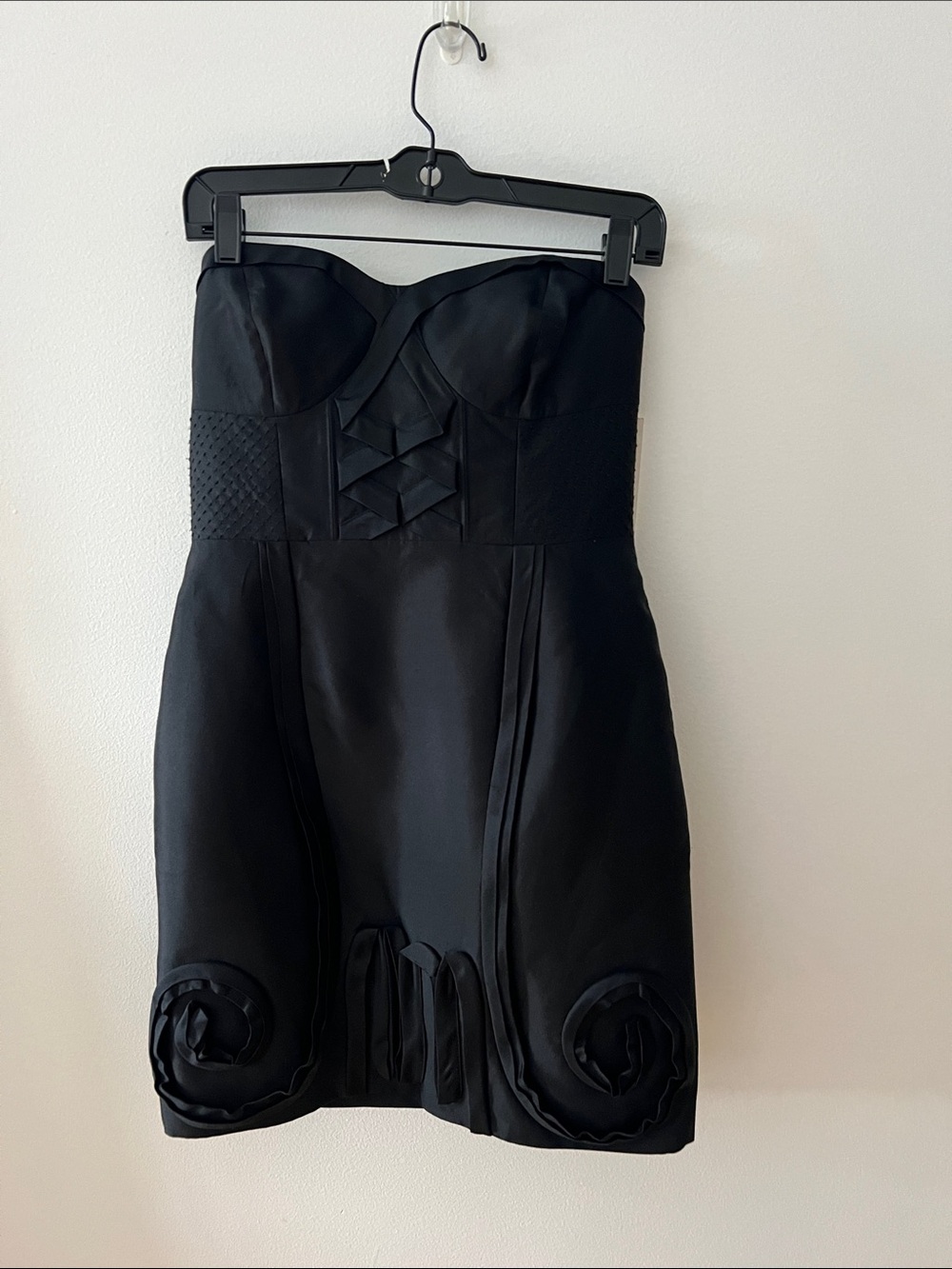 leifsdottir Strapless Black Cocktail Dress with Rosette Hem